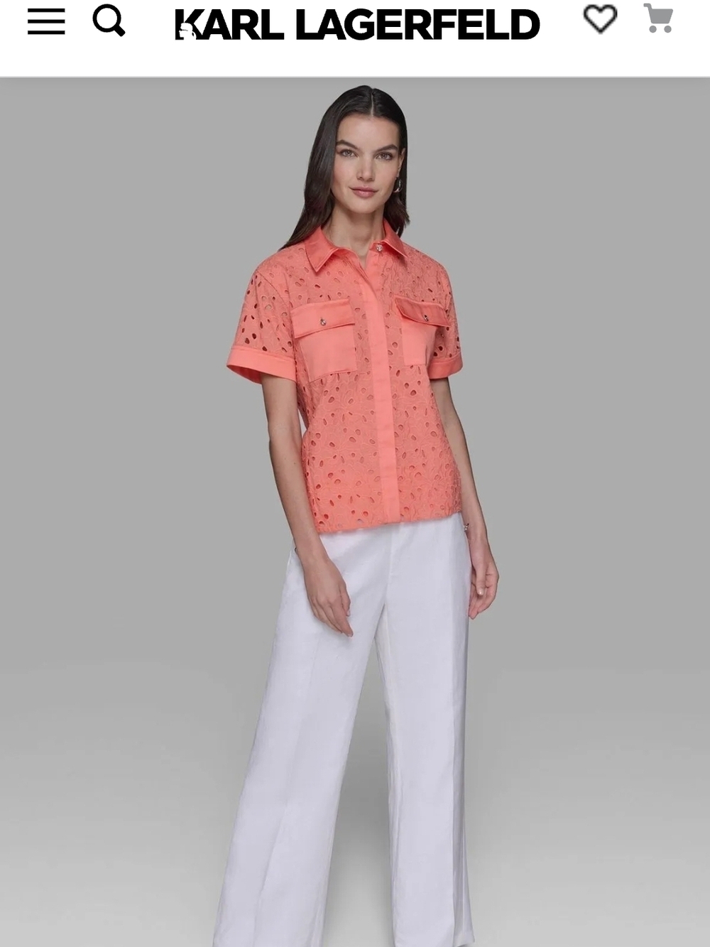 KARL LAGERFELD Coral Eyelet Short Sleeve Shirt Cotoon Blouse